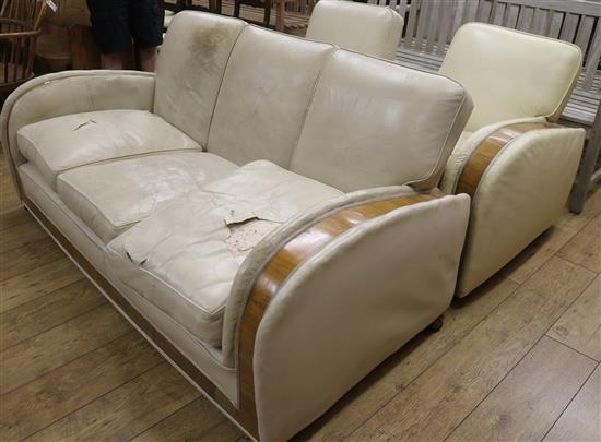 A three piece leather Art Deco suite, Sofa W.183cm